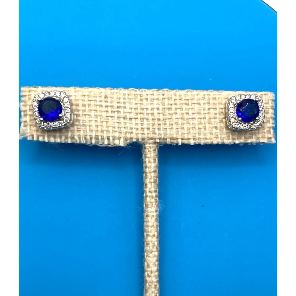 Deep Blue Square Halo Stud Earrings Made with SWAROVSKI Elements Silver Overlay